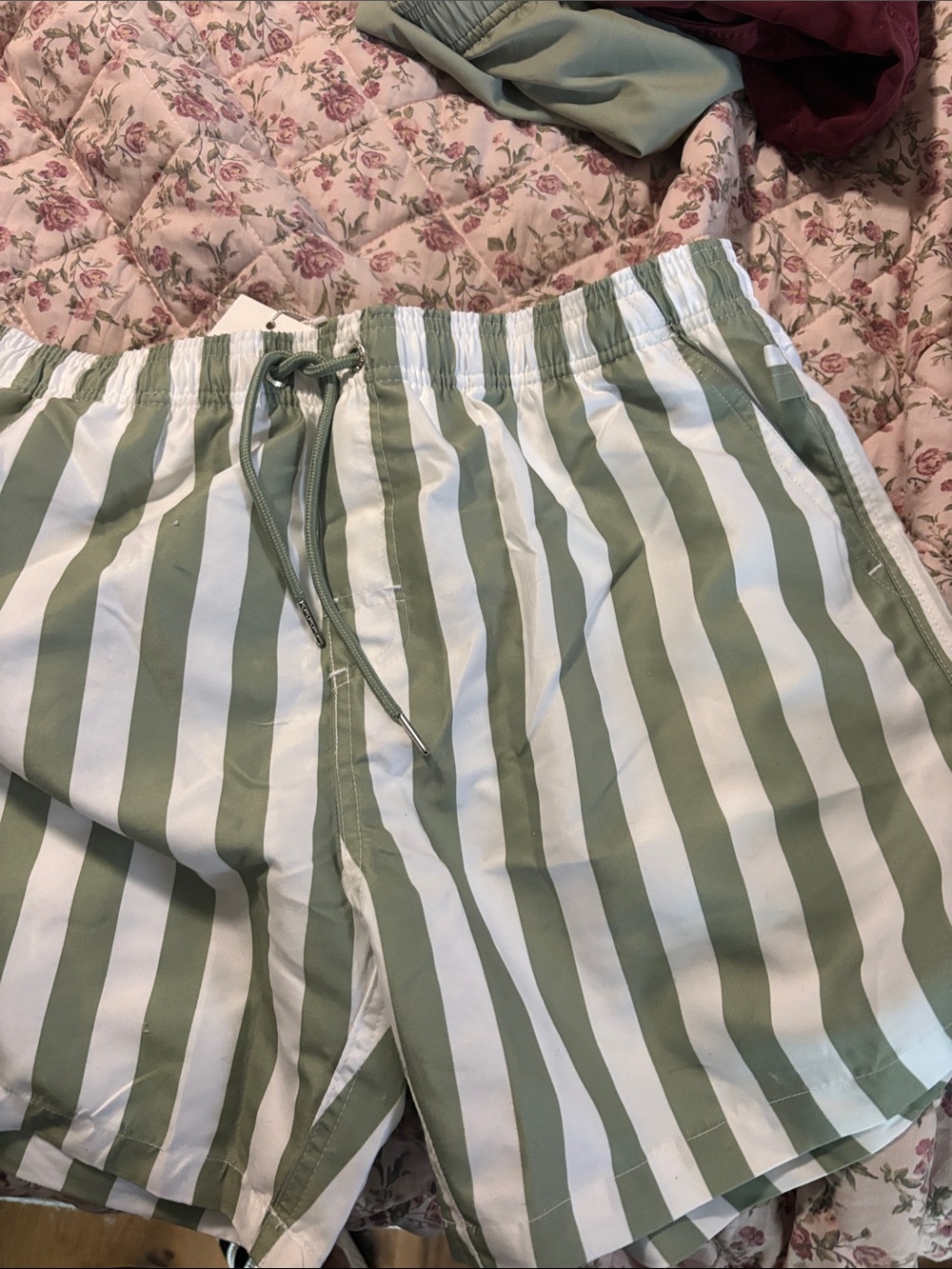 Men's Olive Green & White Striped Swim Shorts